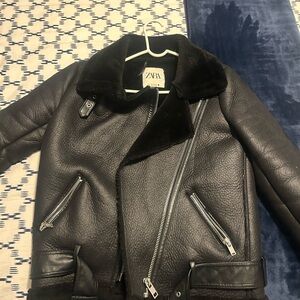 Zara Black Faux Fur Faux Leather Lined Jacket SIZE SMALL